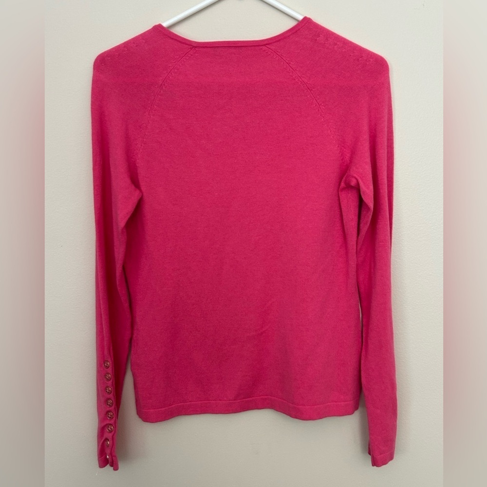 J Mclaughlin XS Jamey Sweater Hot Pink Long Sleeve Knit Cotton Button Crew Prep - Picture 7 of 8